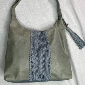The Sak Huntley Leather Slouchy Hobo Purse Shoulder Bag Gray Green Macrame